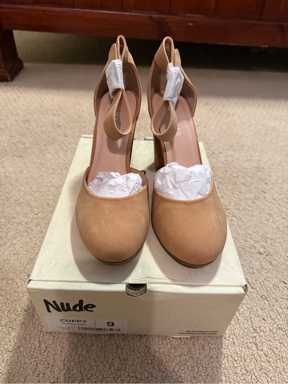 Cuppy Ankle-Strap Block Heels in Tan